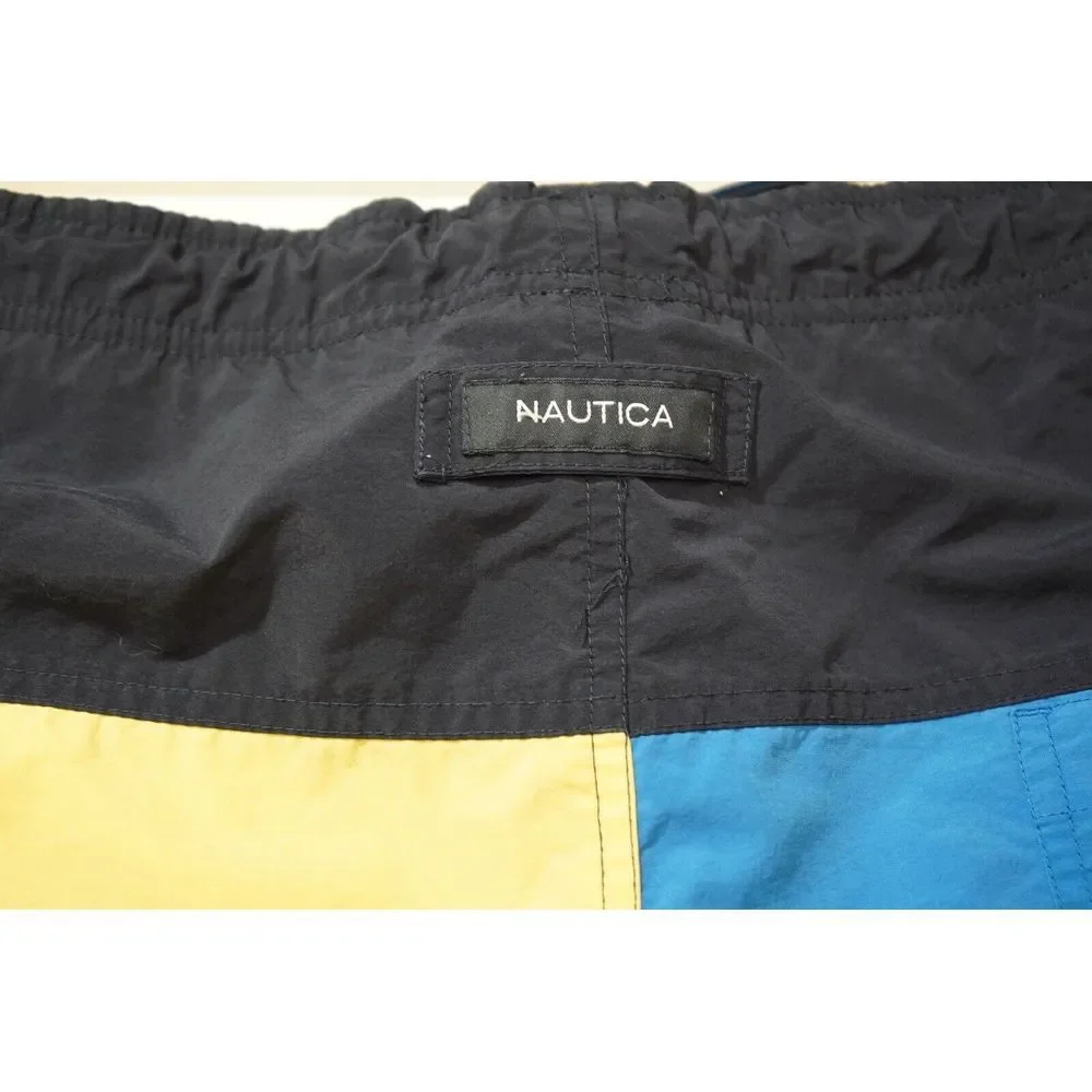 NAUTICA Mens Vintage Black Yellow Blue & White Color Block‎ Lined Swim Shorts L